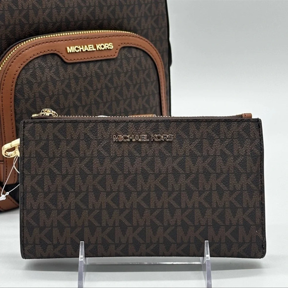 Michael Kors Medium Jaycee Zip Packet Backpack &Double Zip Wallet Wristlet Brown - Picture 12 of 16